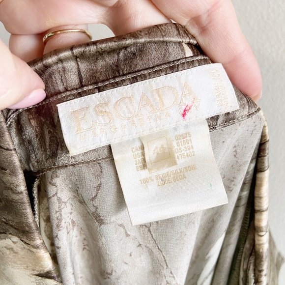 Escada Silk Blouse Taupe Cream Marble Print Button Up Shirt Top Size 44 14 - Picture 8 of 10